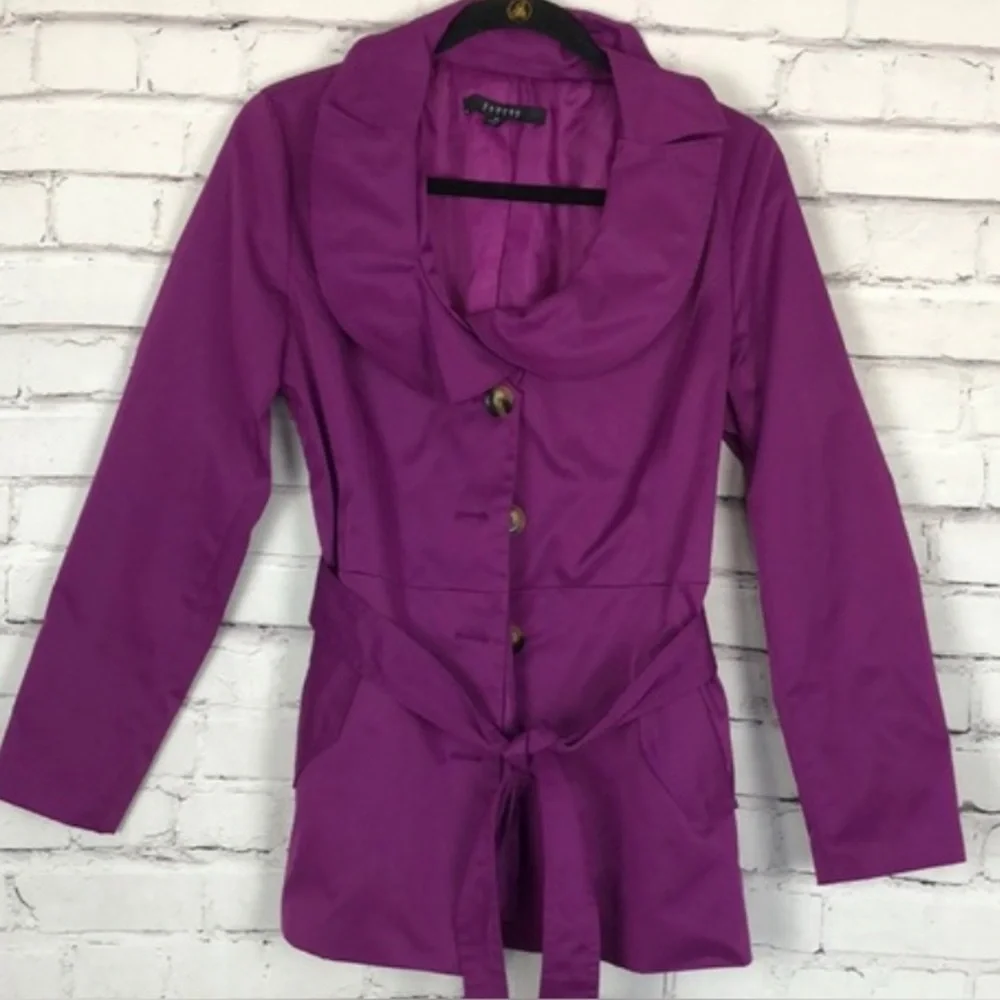 Sandro Studio Women's Belted Short Trench Coat Jacket LG Peter Pan Collar Purple - Picture 9 of 14